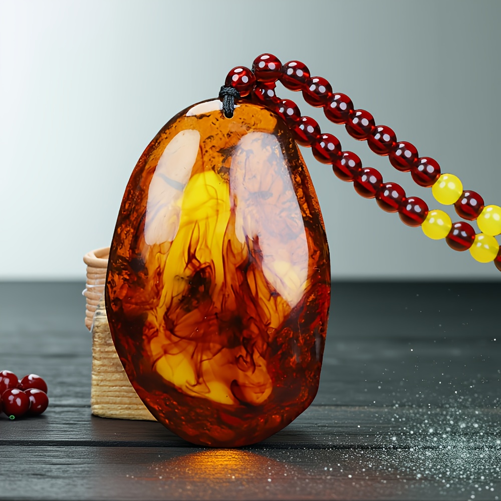 Natural Flower Amber Freeform Pendant Necklace, Vintage Style